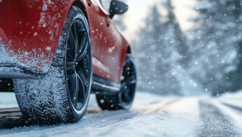 Image shows a car diving on a snowy road. Image depicts winter vehicle recovery.