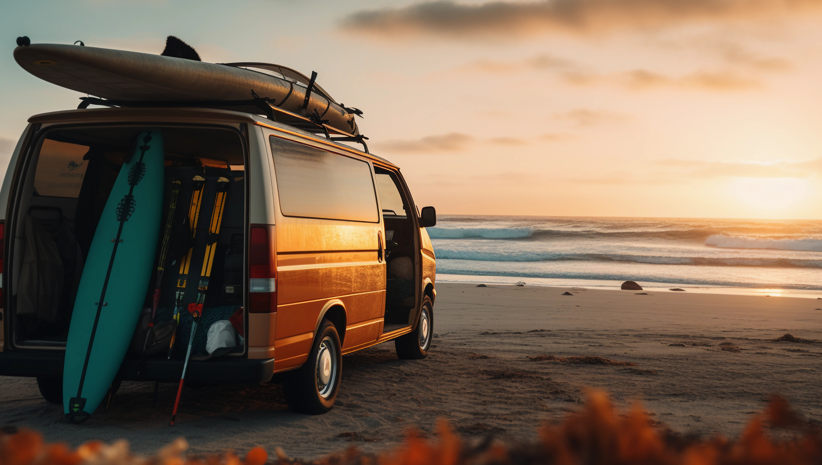 Image shows a campervan parked on the sand at the beach