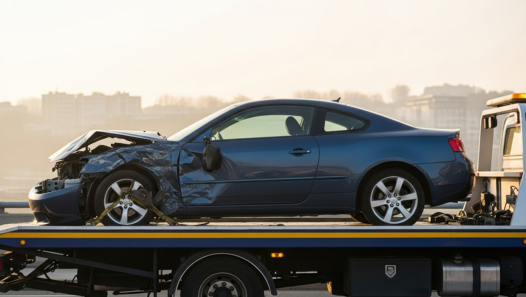 Image shows a car with damaged front end on the back of a recovery truck. Image depicts salvage operations